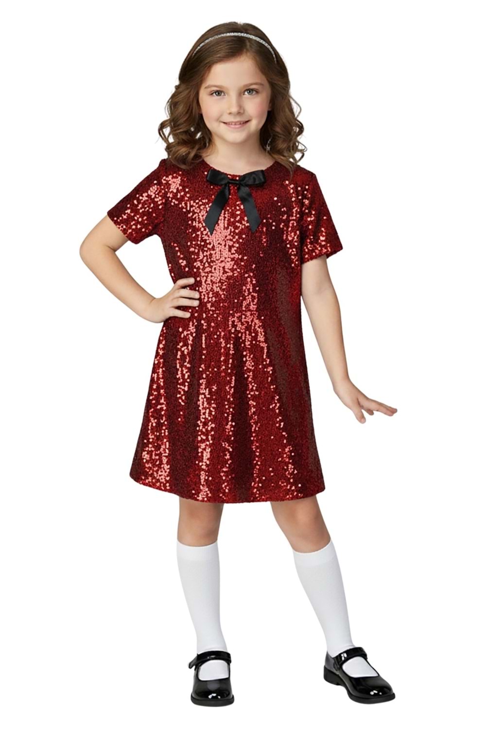 Kız Çocuk Payetli Kısa Kollu Elbise