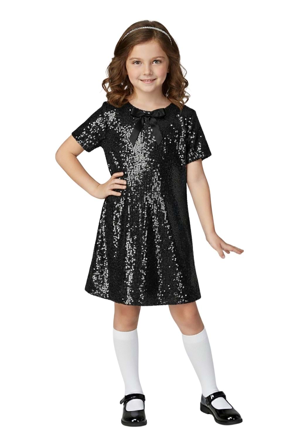 Kız Çocuk Payetli Kısa Kollu Elbise