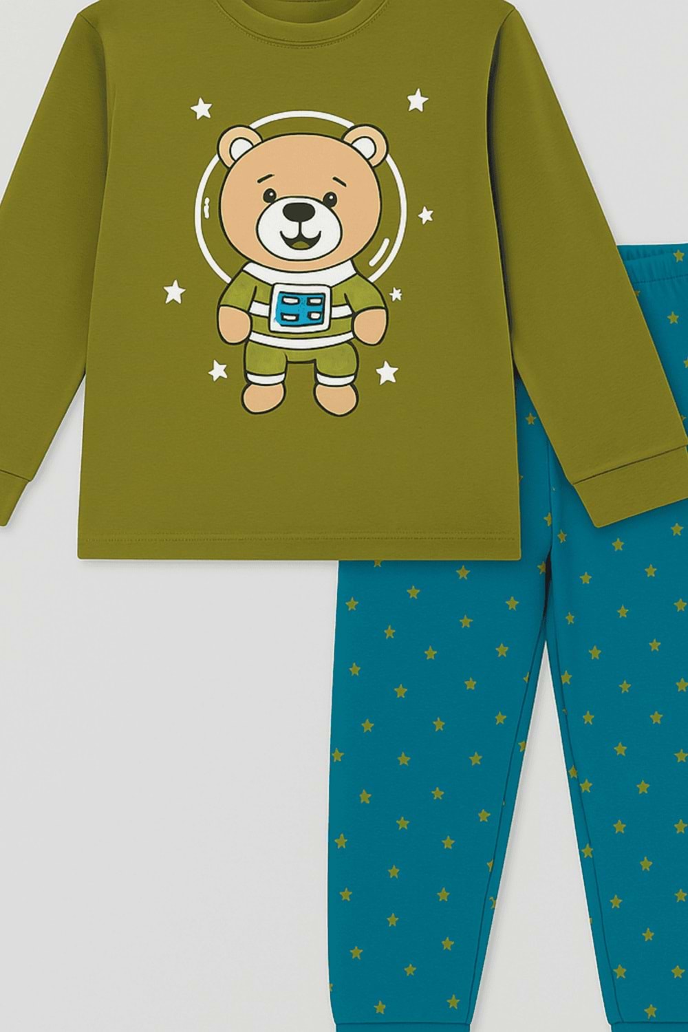 Önü Astronot Baskılı Bisiklet Yaka Erkek Çocuk Pijama Takım