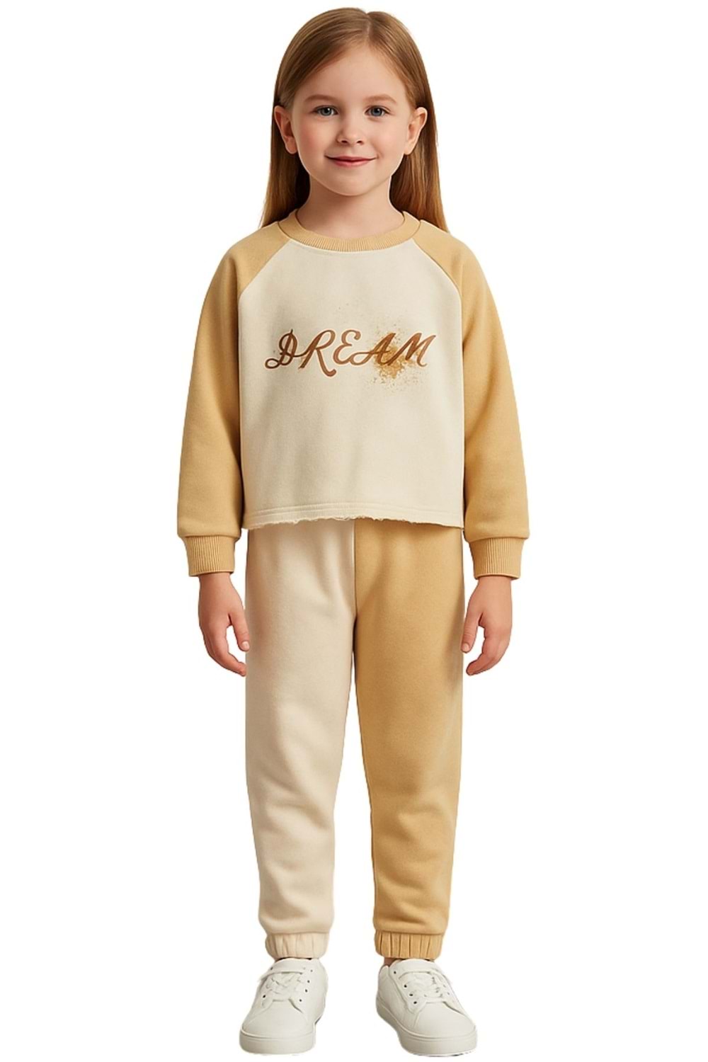 Önü Baskılı Bisiklet Yaka Çift Renk Kız Çocuk Eşofman Takımı