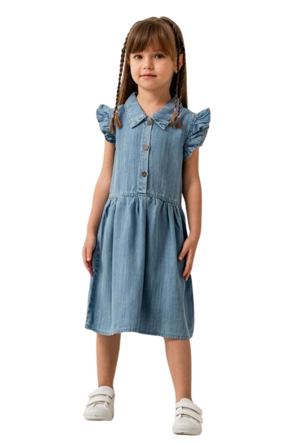 Fırfırlı Kollu Denim Kız Çocuk Elbise - Mavi