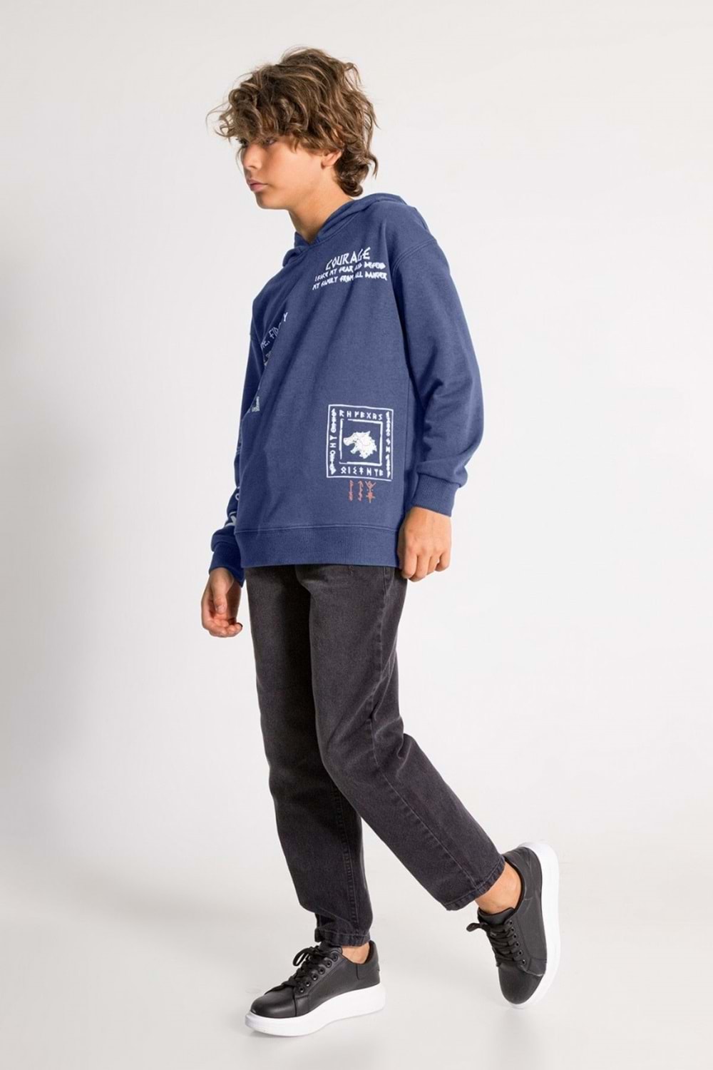 Erkek Çocuk Indigo Sweatshirt ve Eşofman Altı Takım - Kapüşonlu Baskılı Rahat Kesim
