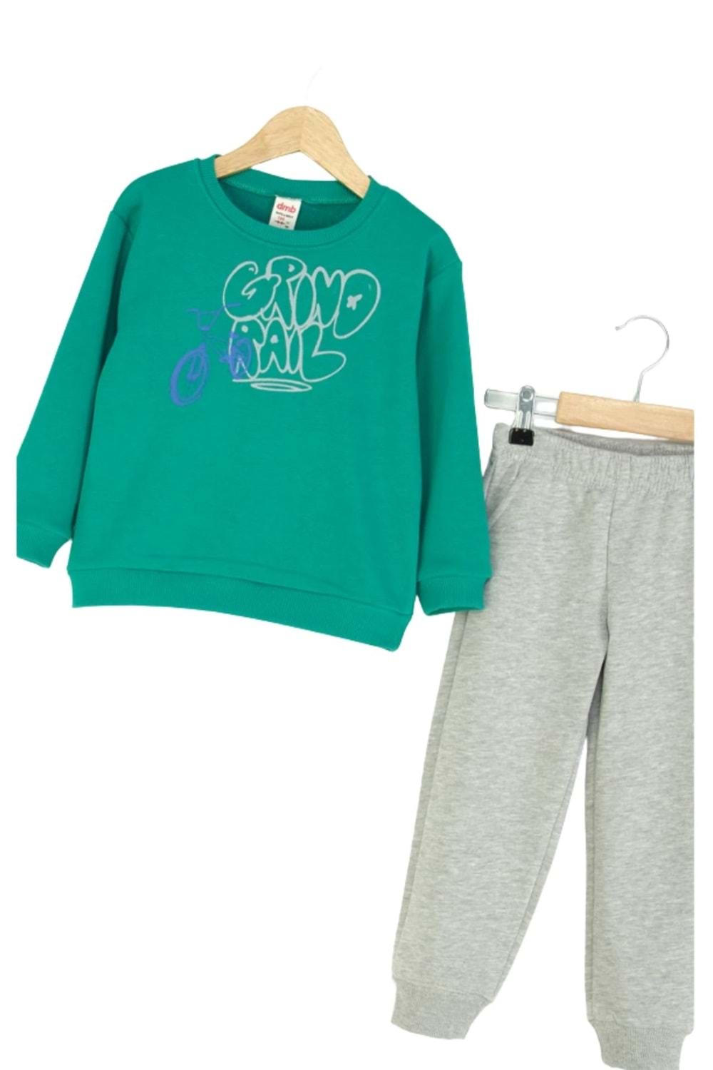 Erkek Çocuk Gri & Yeşil Sweatshirt ve Oranj & Melanj Eşofman Altı İkili Takım