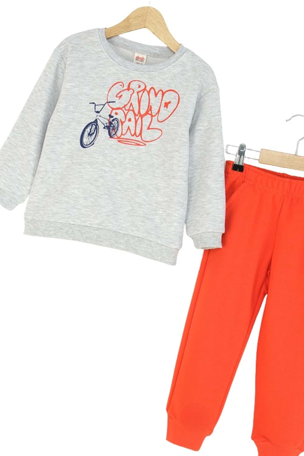 Erkek Çocuk Gri & Yeşil Sweatshirt ve Oranj & Melanj Eşofman Altı İkili Takım