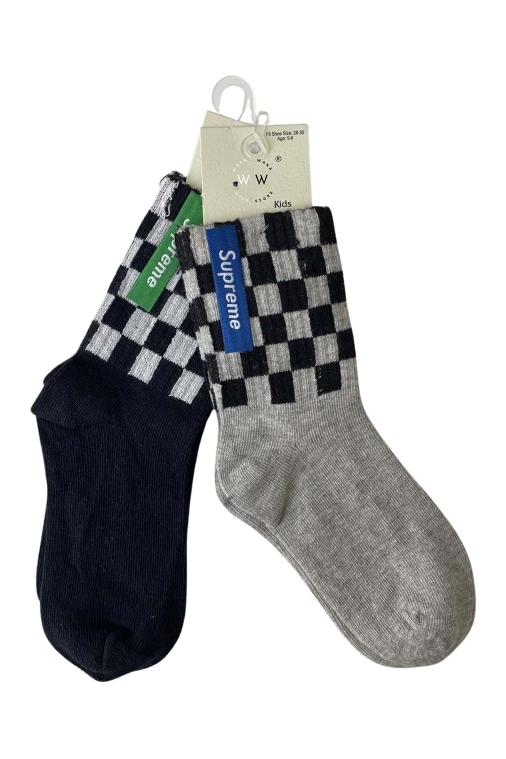 Çocuk Kareli Supreme Desenli Renkli 2’li Çorap Seti | Rahat ve Şık