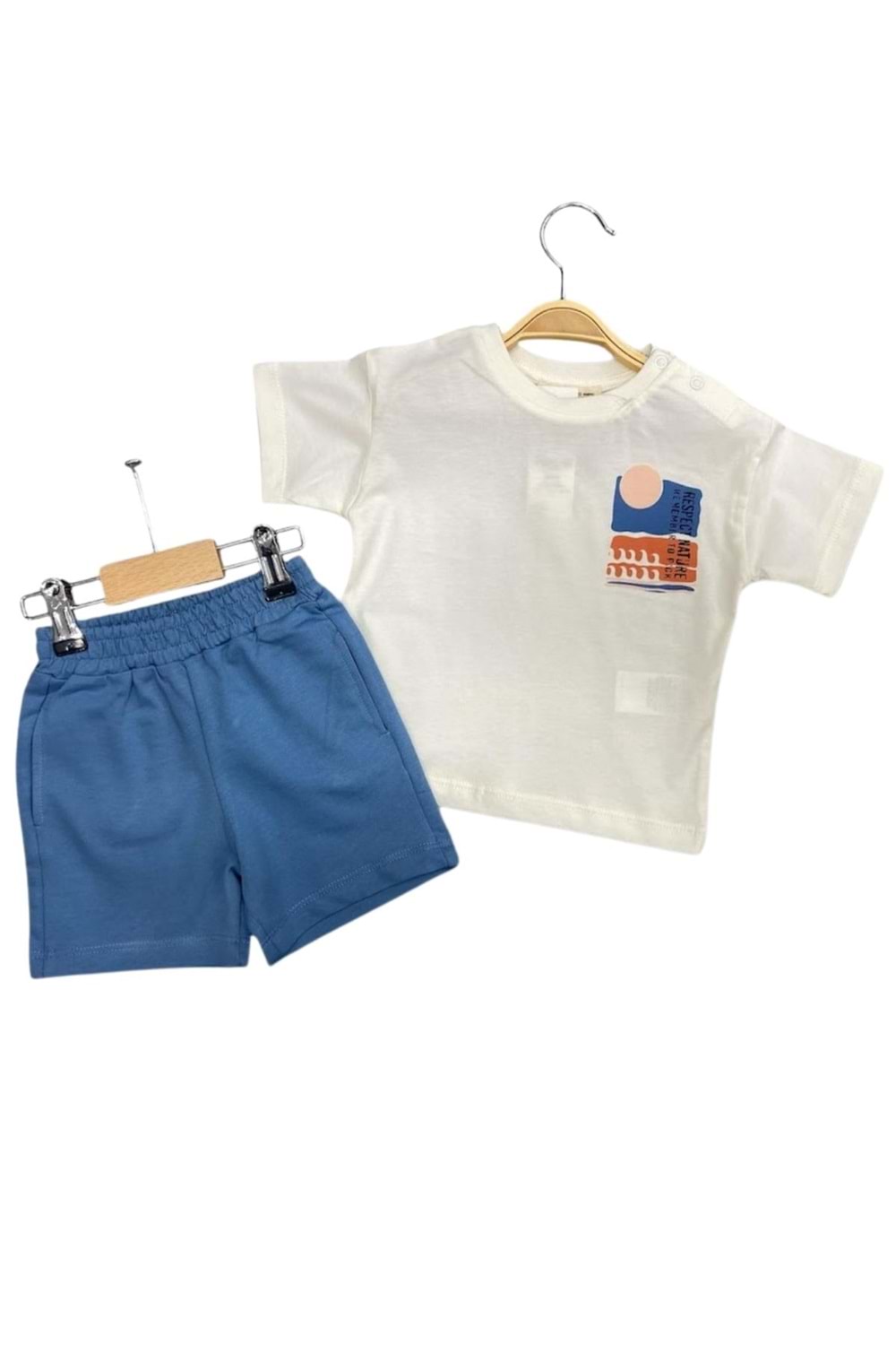 Cep Detaylı Baskılı Beyaz Tişört ve Mavi Şort Bebek/Çocuk Takım - İndigo