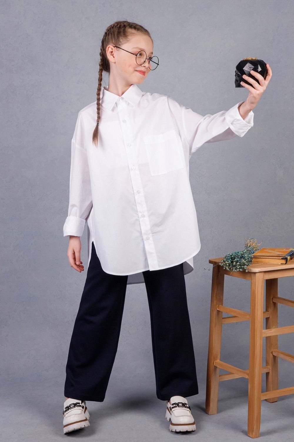 Kız Çocuk Beyaz Oversize Uzun Kollu Gömlek