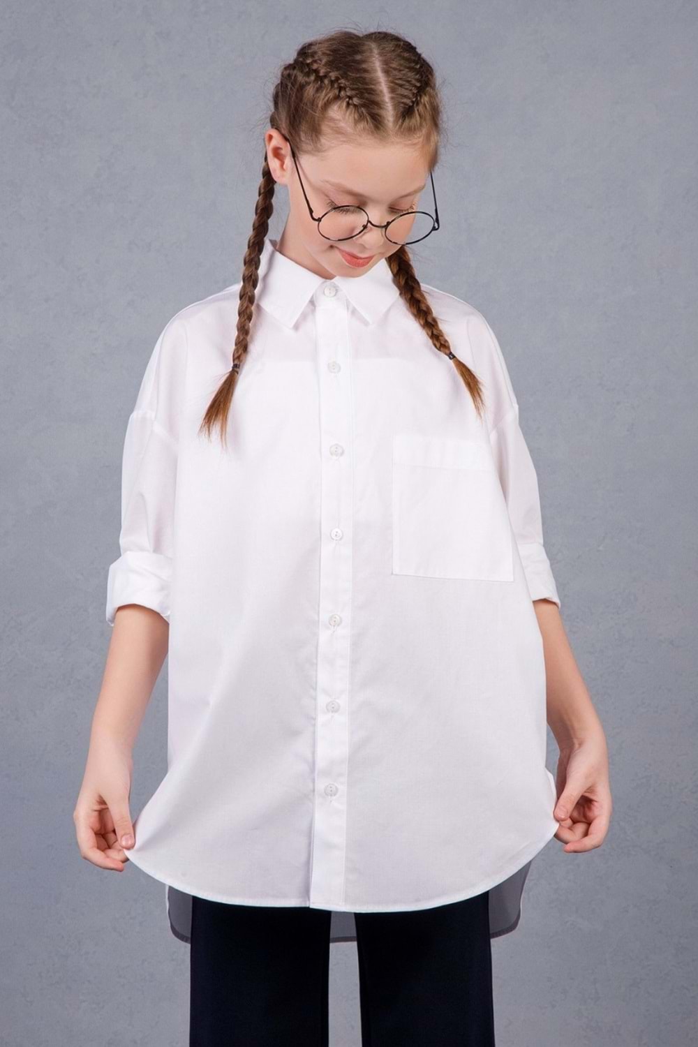 Kız Çocuk Beyaz Oversize Uzun Kollu Gömlek
