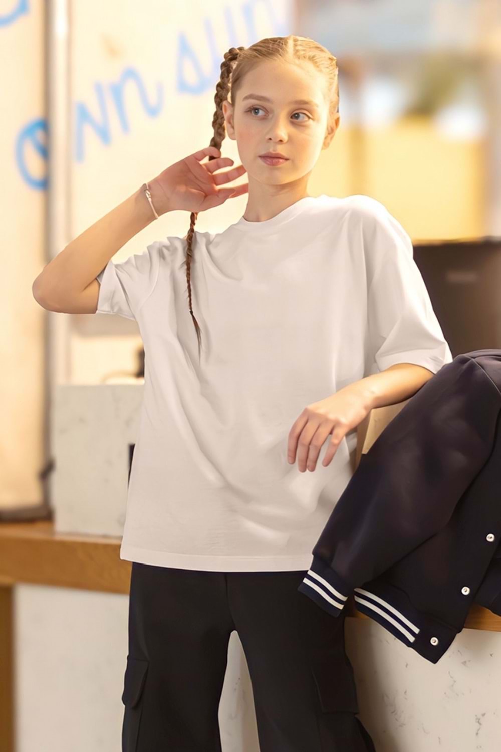 Kız Çocuk Beyaz Oversize Basic Tişört