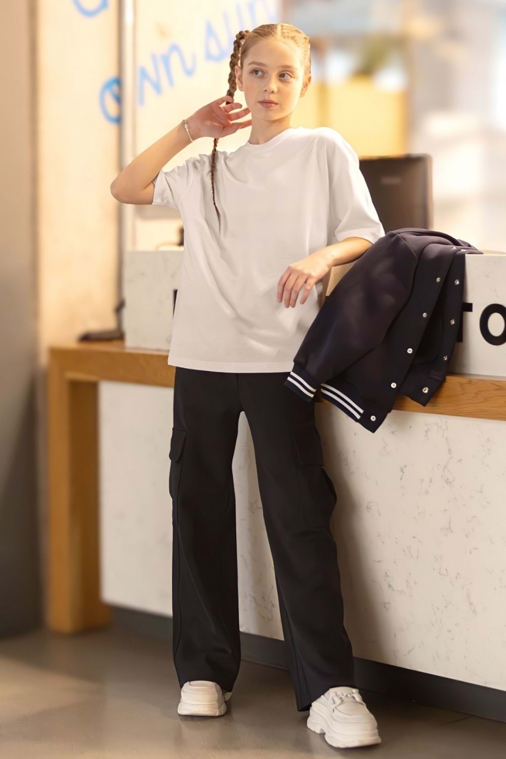 Kız Çocuk Beyaz Oversize Basic Tişört