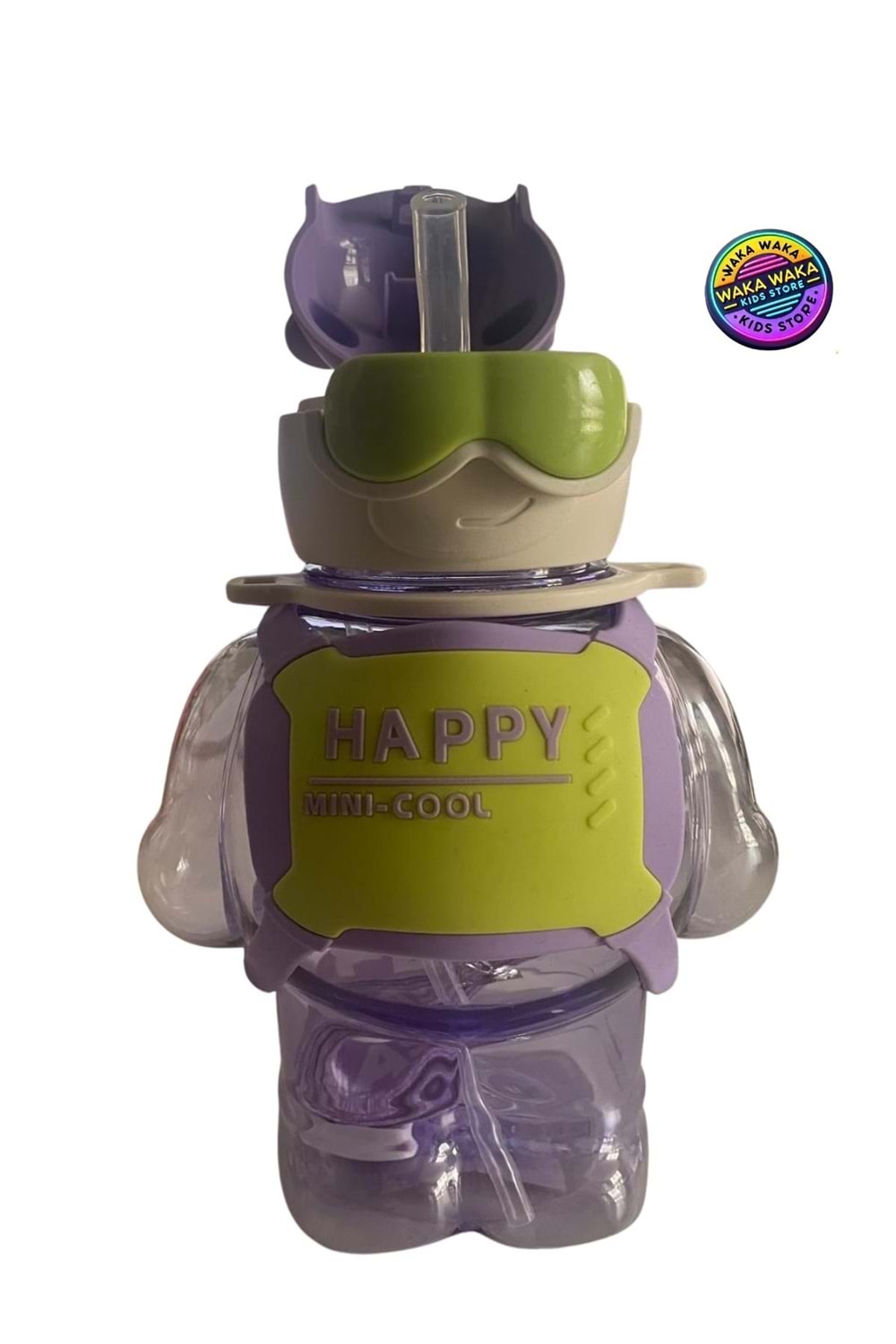 Happy Mini-Cool Ayıcık Şekilli Çocuk Matara 500 ml Renkli Şeffaf Suluk Askılı