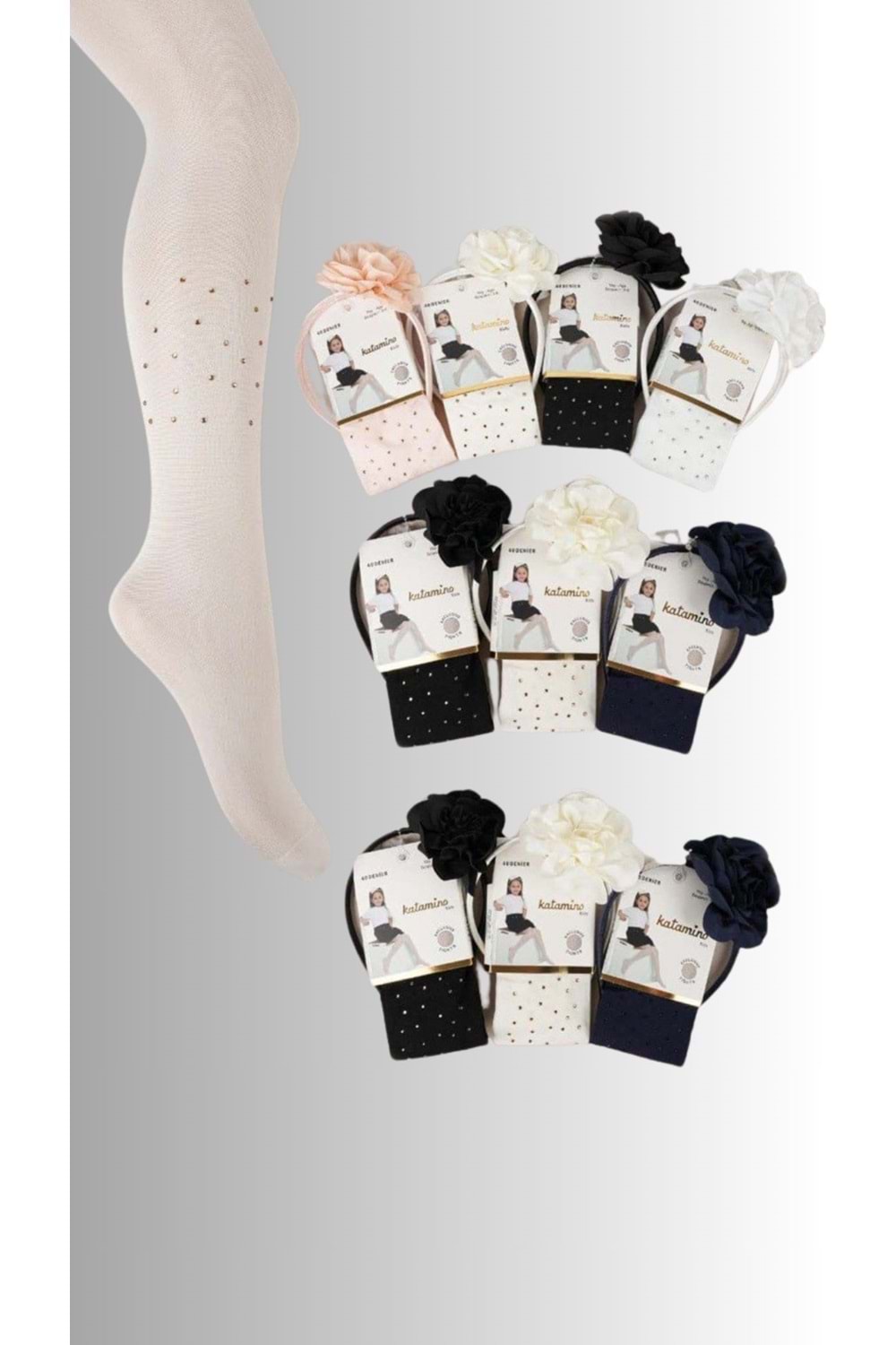 Taç Hediyeli Taş Baskılı Kız Çocuk İnce Muz Külotlu Çorap - Siyah