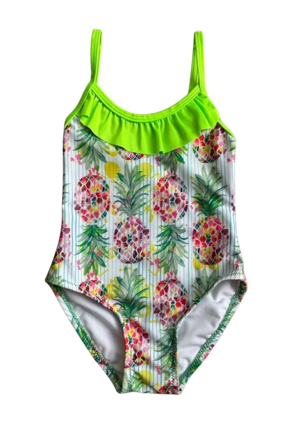 Ananas Desenli Fırfırlı Yeşil Kız Çocuk Mayo - Yeşil