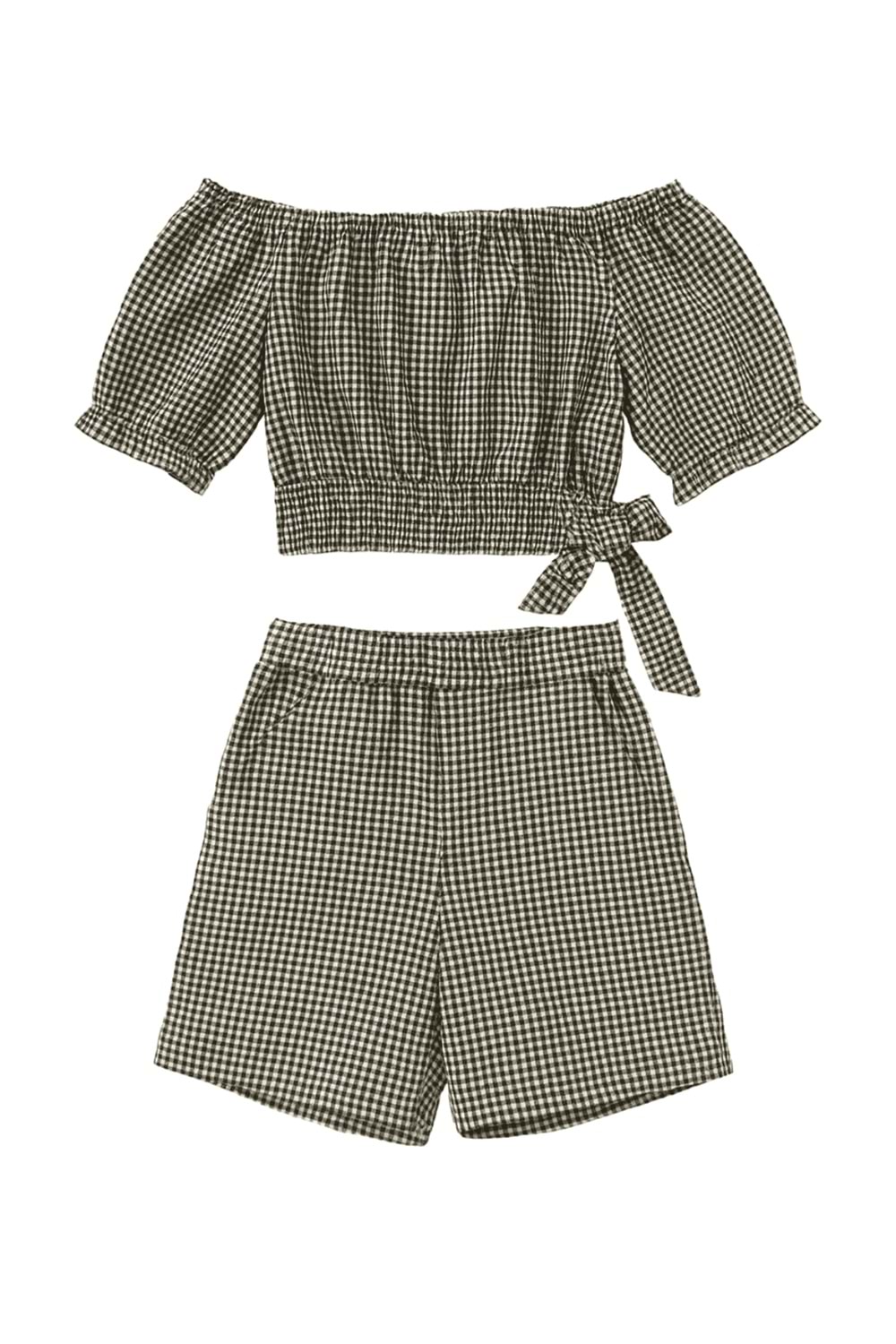 Kare Desenli Omzu Açık Kız Çocuk Crop Top ve Şort Takım - Siyah