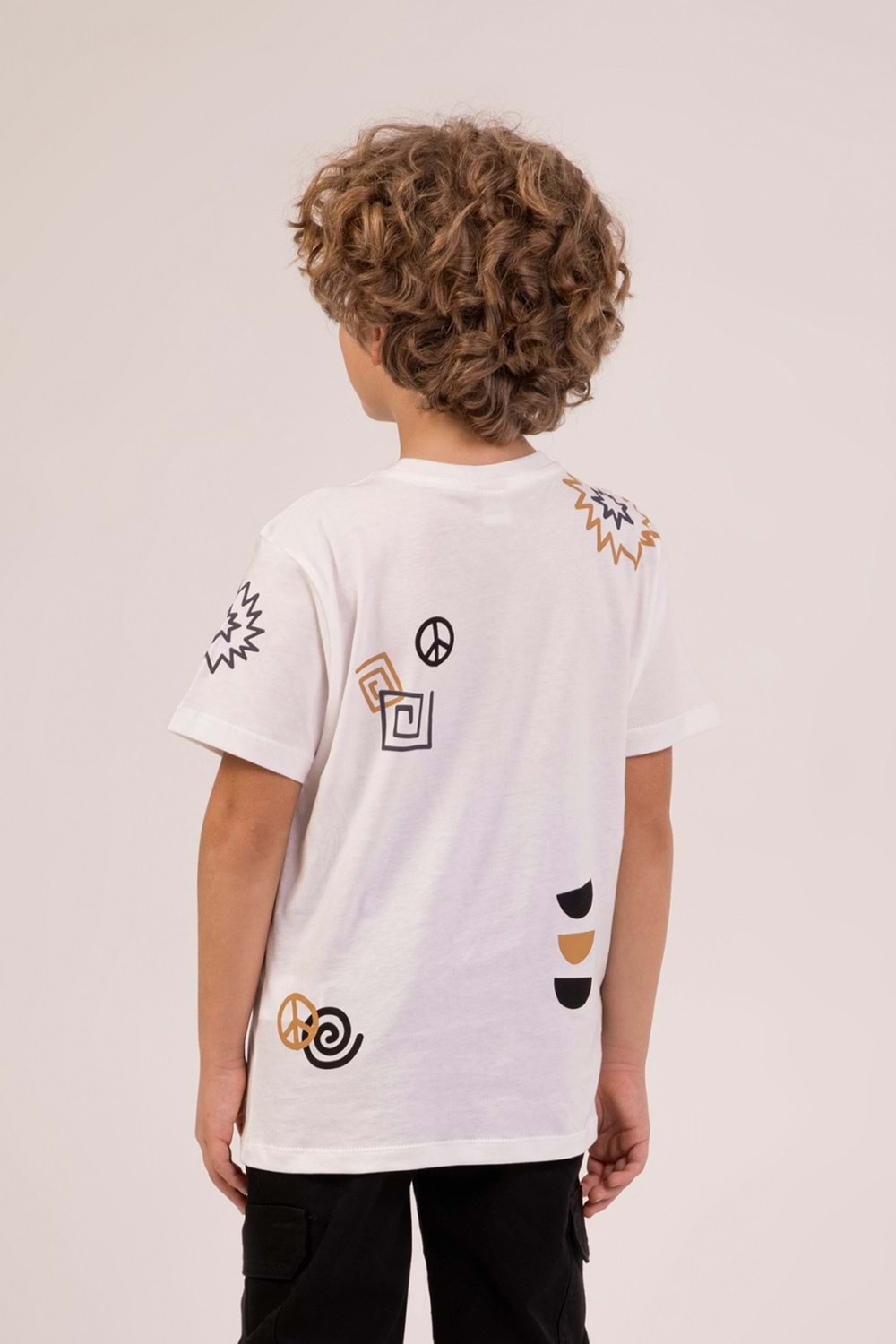 Önü Sırtı Baskılı Bisiklet Yaka Erkek Çocuk T-Shirt - Ekru