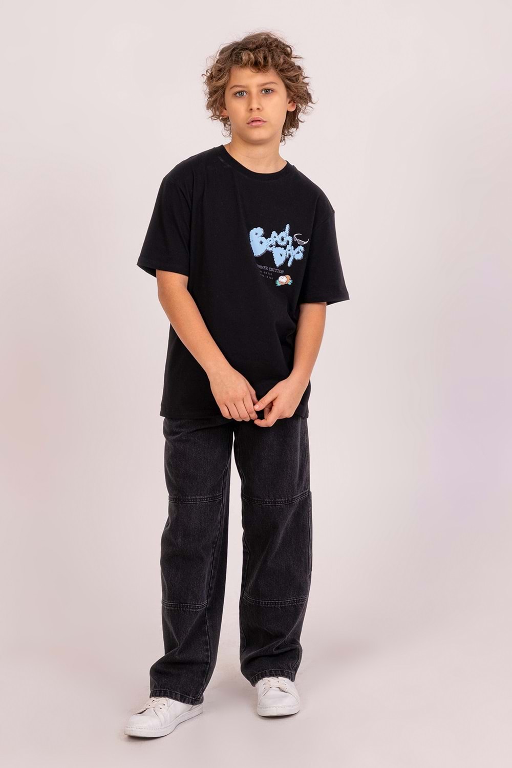 Önü Sırtı Baskılı Bisiklet Yaka Erkek Çocuk T-Shirt - Siyah