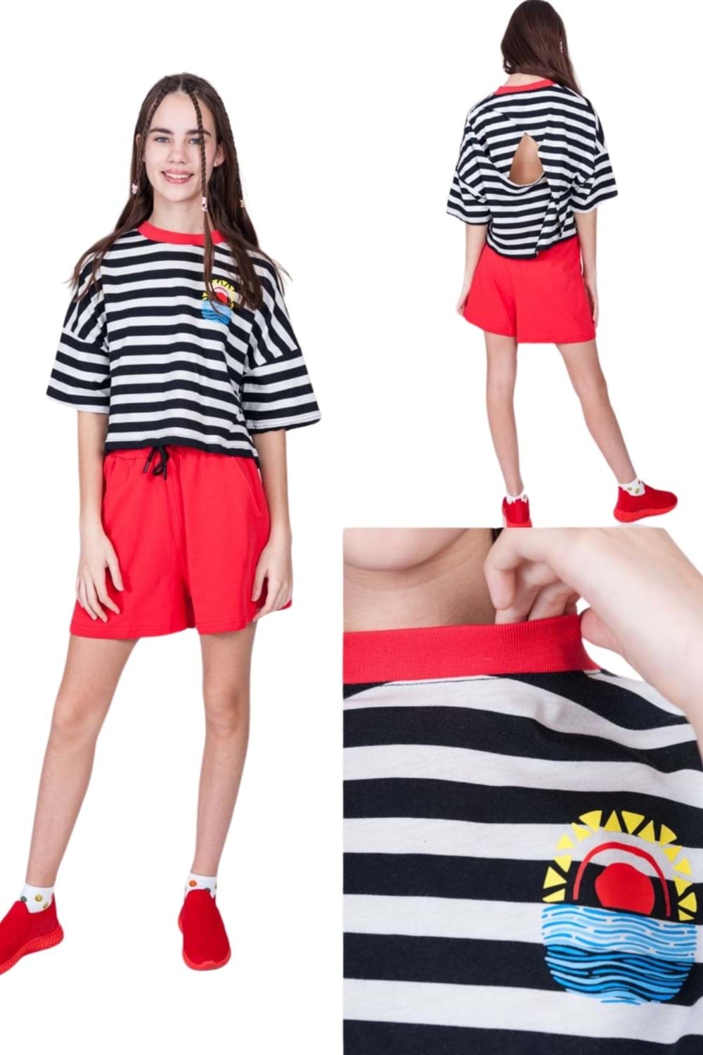 Arkası Açık Çizgili Kız Çocuk Crop Top ve Kırmızı Şort Takım - Kırmızı