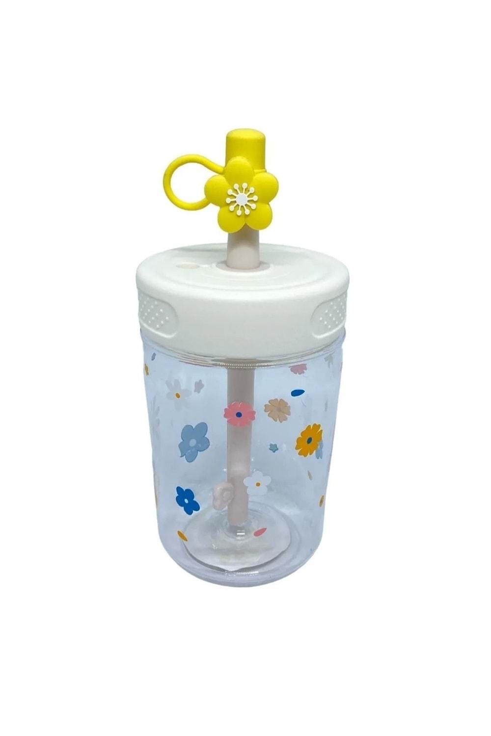 Çiçek Desenli Pipetli Çocuk Suluk Bardak (450 ml) - Beyaz - 2-8 YAŞ
