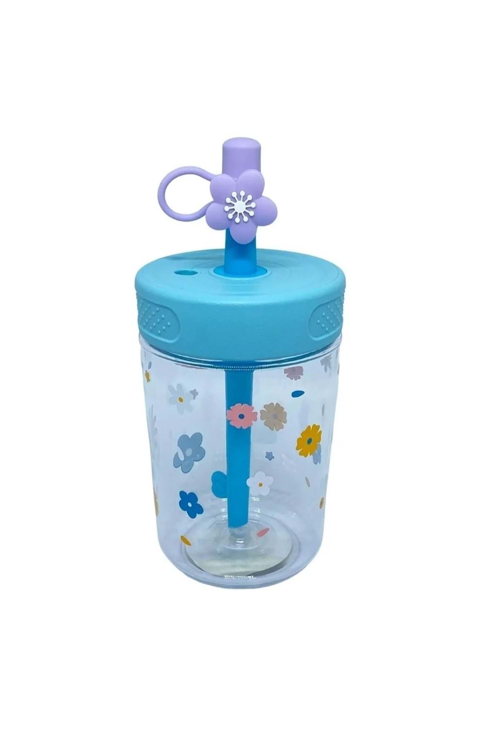 Çiçek Desenli Pipetli Çocuk Suluk Bardak (450 ml) - Mavi - 2-8 YAŞ
