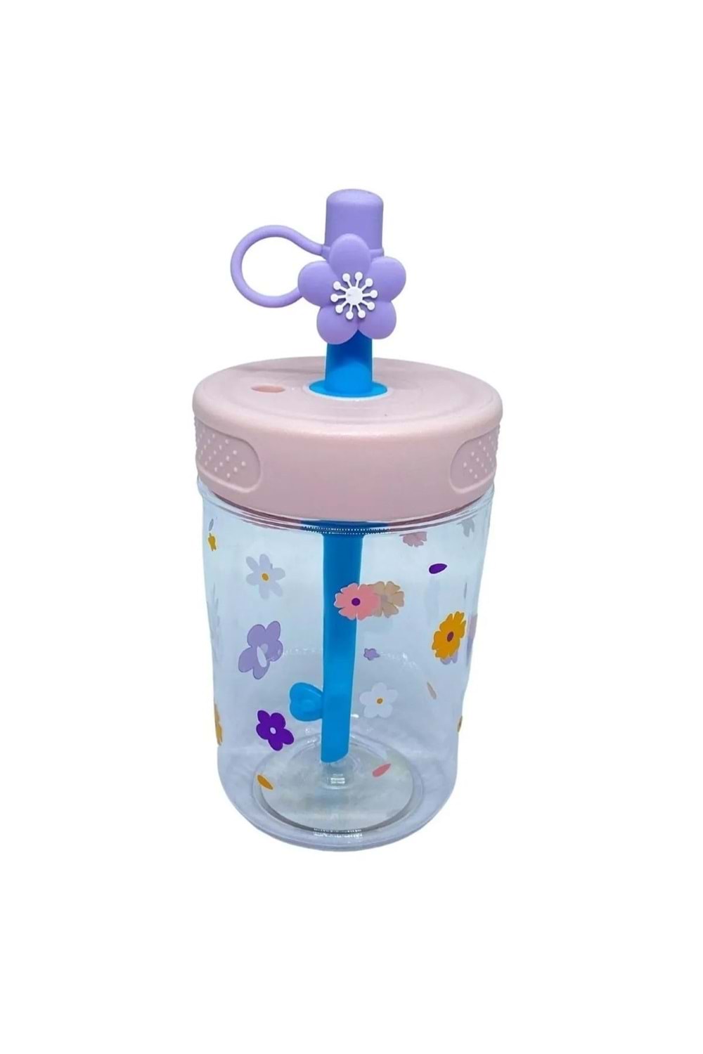 Çiçek Desenli Pipetli Çocuk Suluk Bardak (450 ml) - Pembe - 2-8 YAŞ
