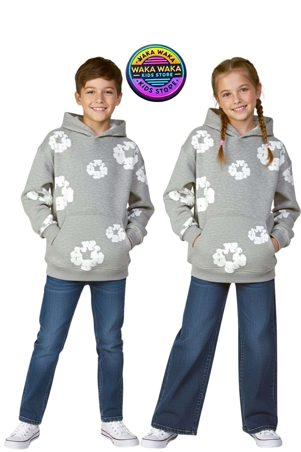 Çocuk Unisex Çiçek Desenli Kapüşonlu Sweatshirt