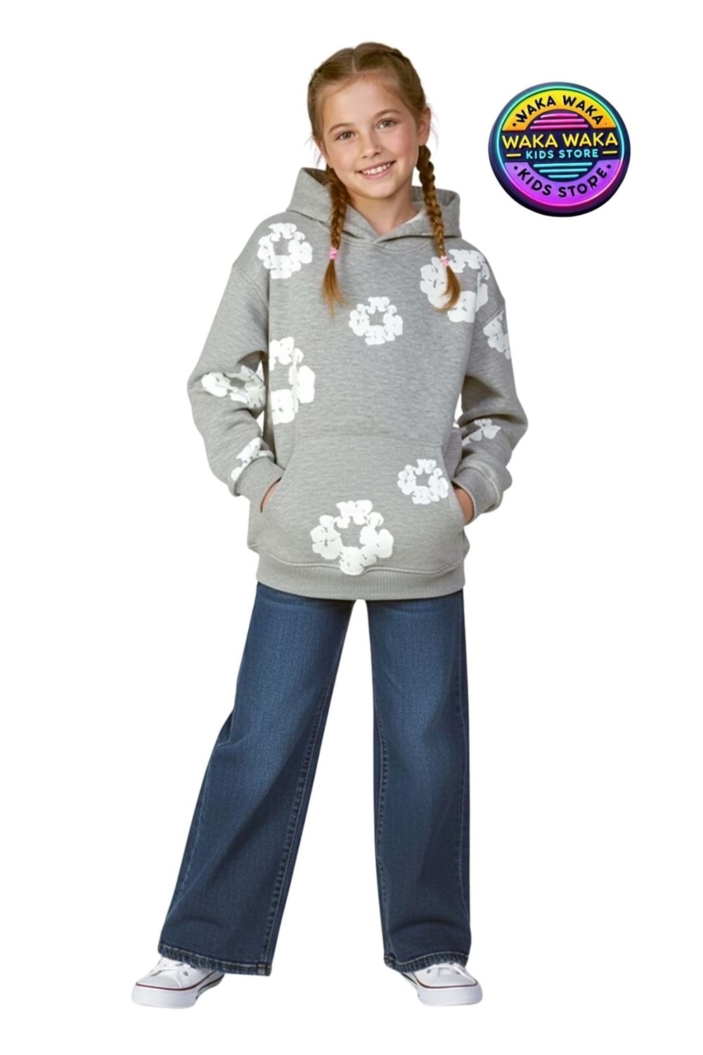 Çocuk Unisex Çiçek Desenli Kapüşonlu Sweatshirt