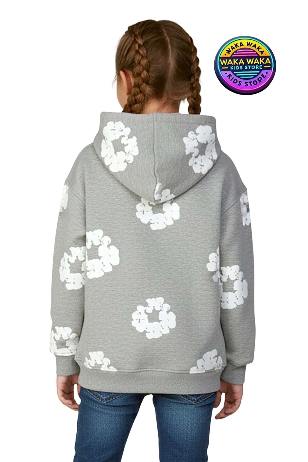 Çocuk Unisex Çiçek Desenli Kapüşonlu Sweatshirt