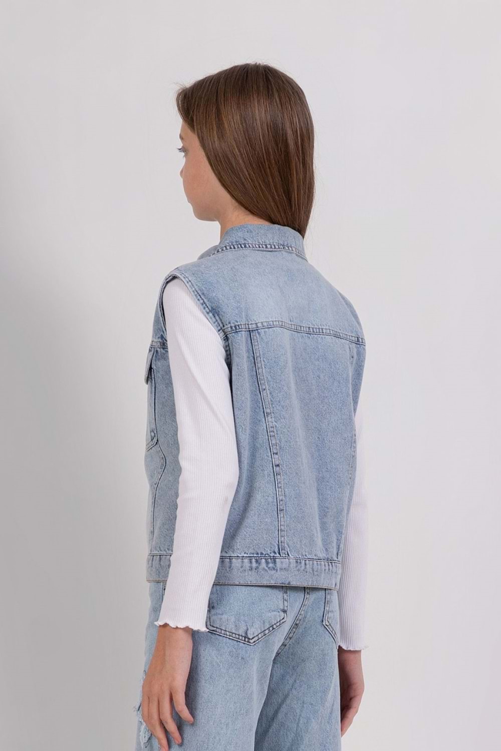Kız Çocuk Mavi Kot Yelek – Düğmeli Denim Yelek