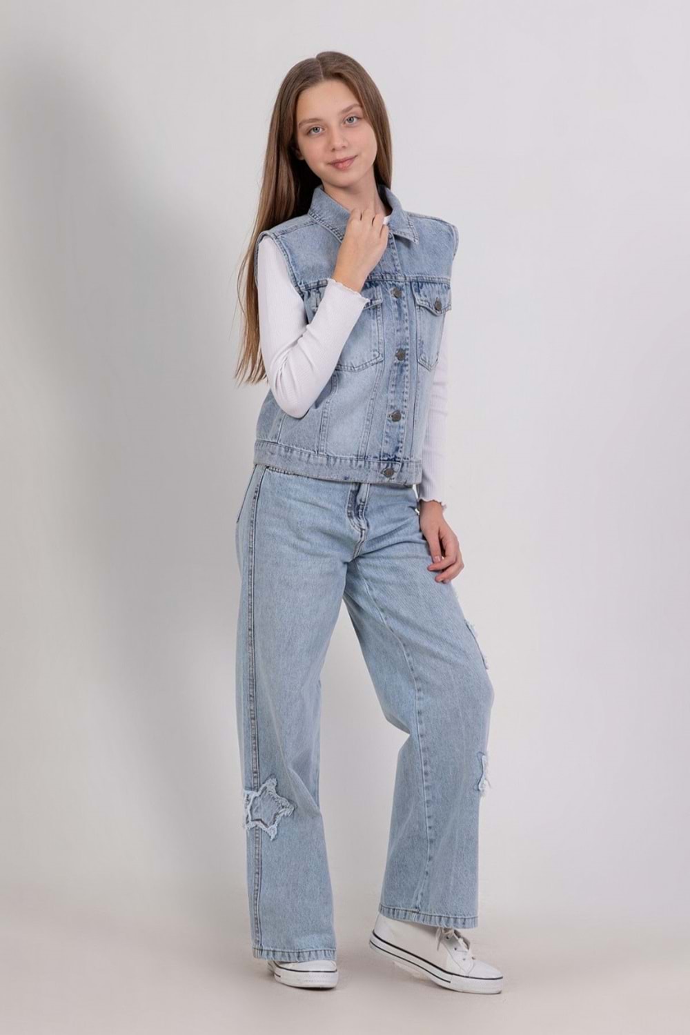 Kız Çocuk Mavi Kot Yelek – Düğmeli Denim Yelek