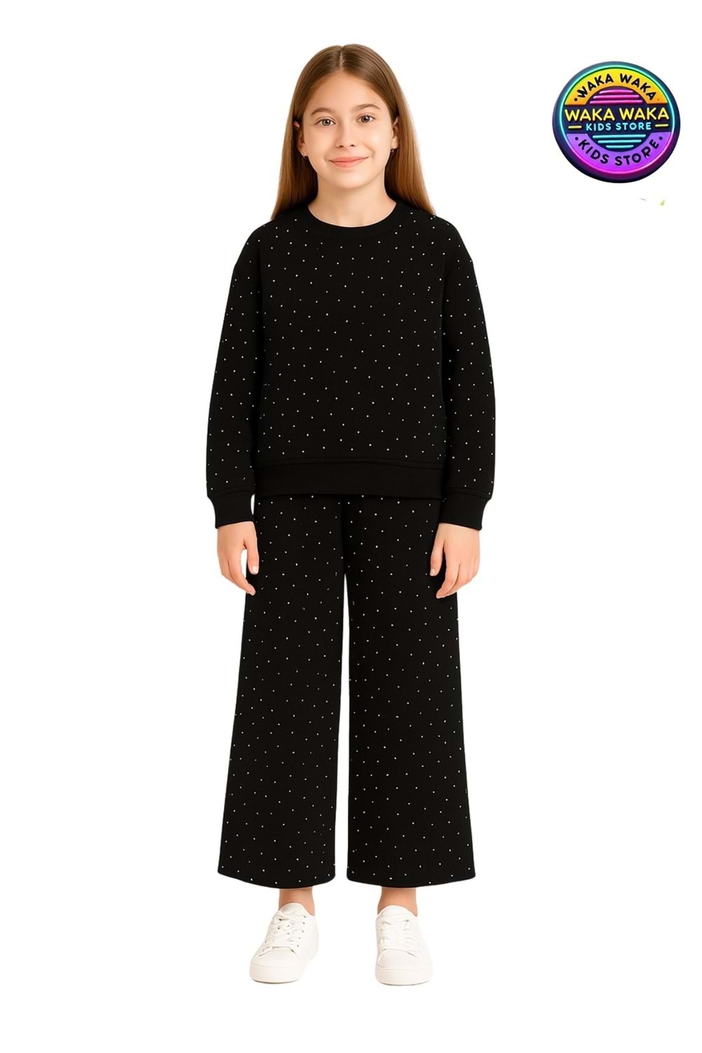 Kız Çocuk Taş Baskılı Puantiyeli Sweatshirt ve Geniş Paça Eşofman Takımı