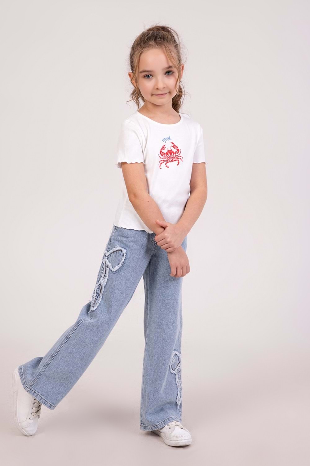 DMB BOYS & GIRLS Kurdele Nakışlı Yumuşak Dokulu Wide Leg Bol Paça Jean Kız Çocuk Kot Pantolon - Mavi