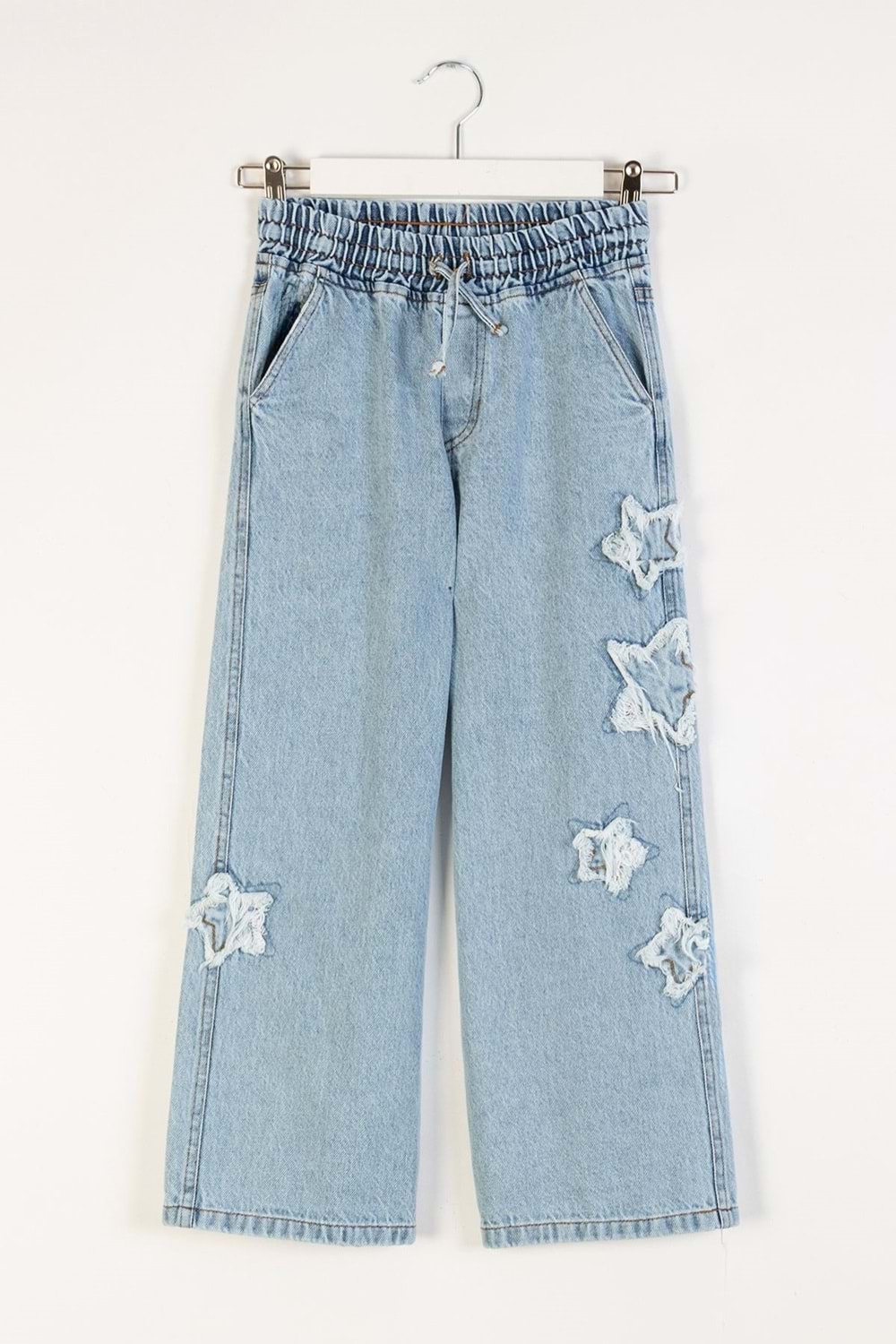 Beli Lastikli Yüksek Bol Paça Wide Leg Yıldız Nakışlı Kız Çocuk Kot Pantolon