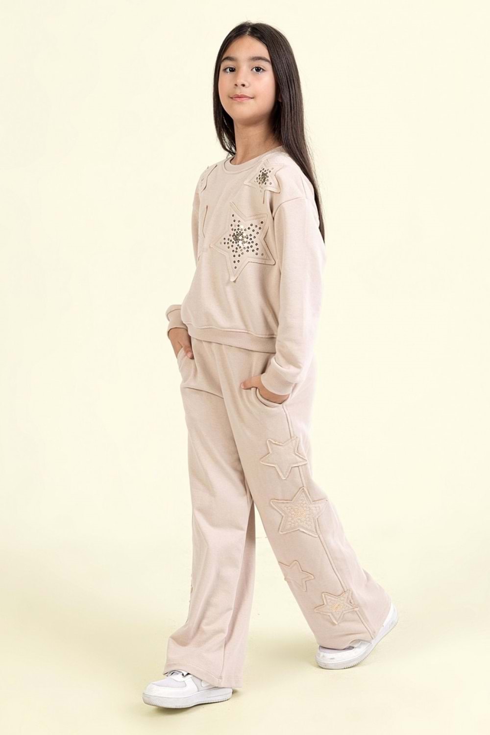 Kız Çocuk Taş Detaylı Yıldız Desenli İkili Takım – Sweatshirt & Eşofman Altı