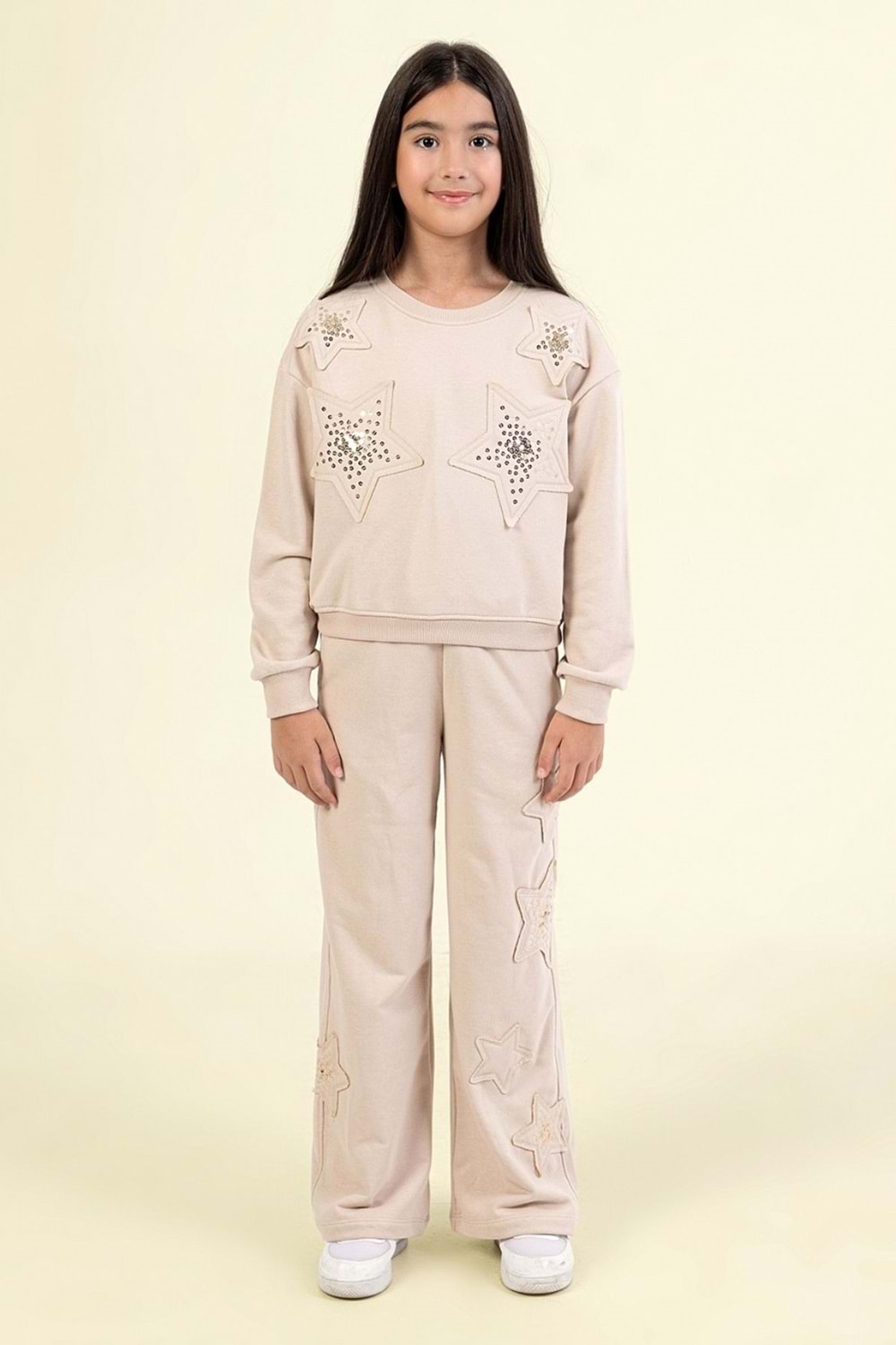 Kız Çocuk Taş Detaylı Yıldız Desenli İkili Takım – Sweatshirt & Eşofman Altı