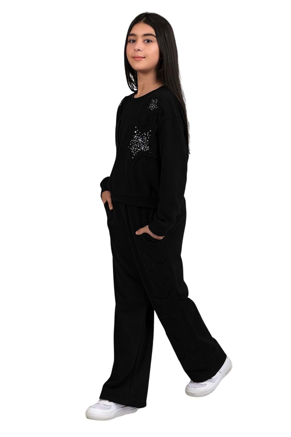 Kız Çocuk Taş Detaylı Yıldız Desenli İkili Takım – Sweatshirt & Eşofman Altı