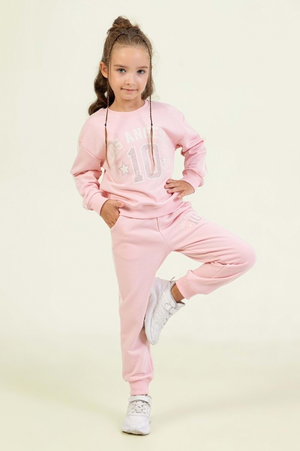 Kız Çocuk Los Angeles 10 Baskılı Pembe Sweatshirt & Eşofman Altı Takımı