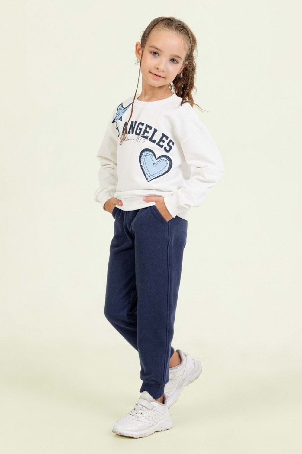 Kız Çocuk Los Angeles Baskılı Pembe Sweatshirt ve Siyah Eşofman Altı Kombini