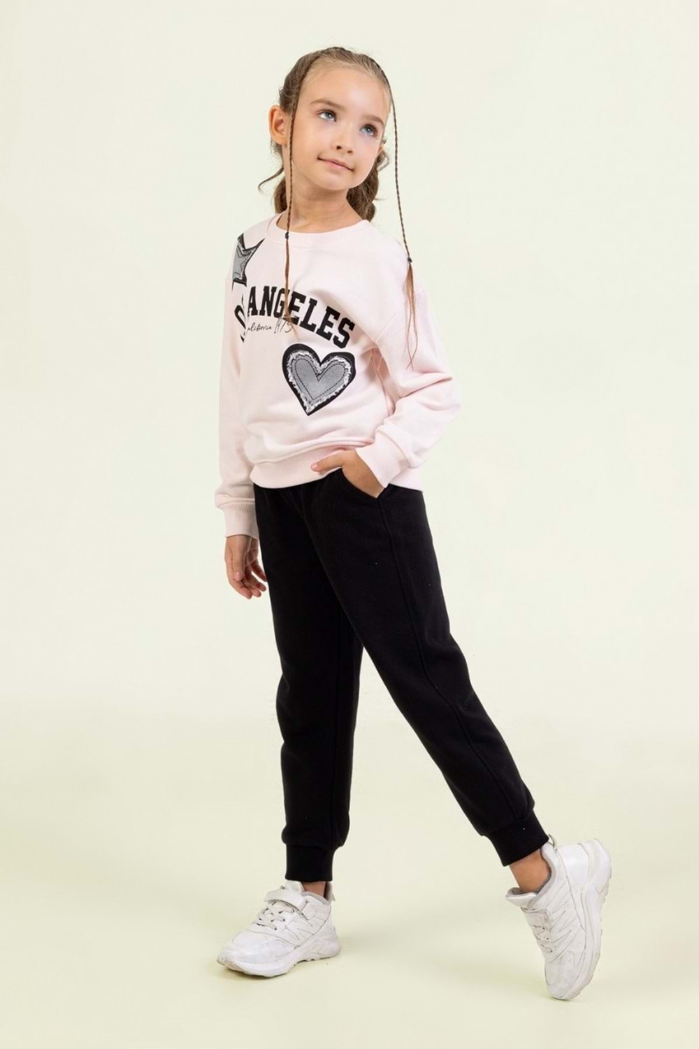 Kız Çocuk Los Angeles Baskılı Pembe Sweatshirt ve Siyah Eşofman Altı Kombini