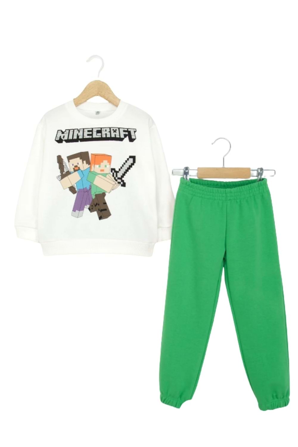 Minecraft Baskılı Erkek Çocuk Eşofman Takımı – Beyaz Üst / Yeşil Alt