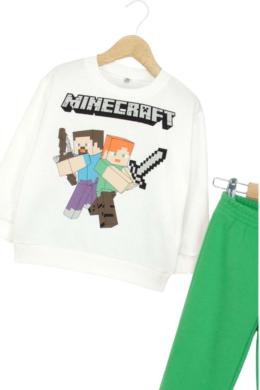 Minecraft Baskılı Erkek Çocuk Eşofman Takımı – Beyaz Üst / Yeşil Alt