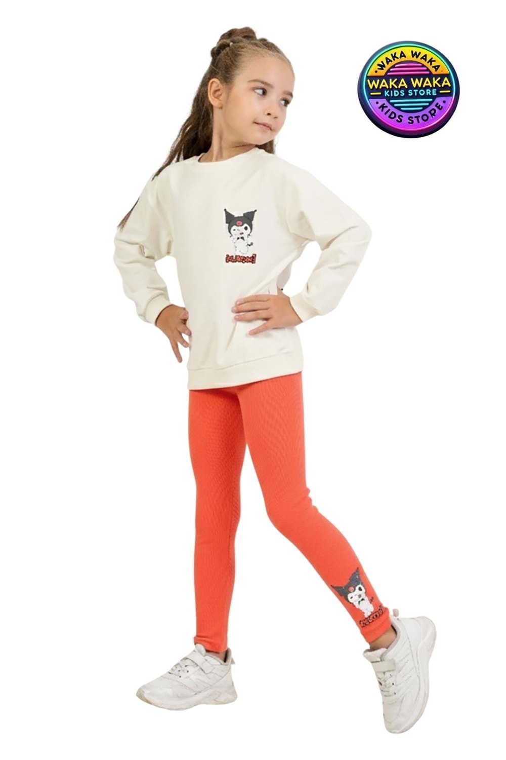 Kız Çocuk Kuromi Baskılı Sweatshirt Renkli Tayt Kombini Kız Çocuk Kuromi Baskılı Sweatshirt Renkli Tayt Kombini