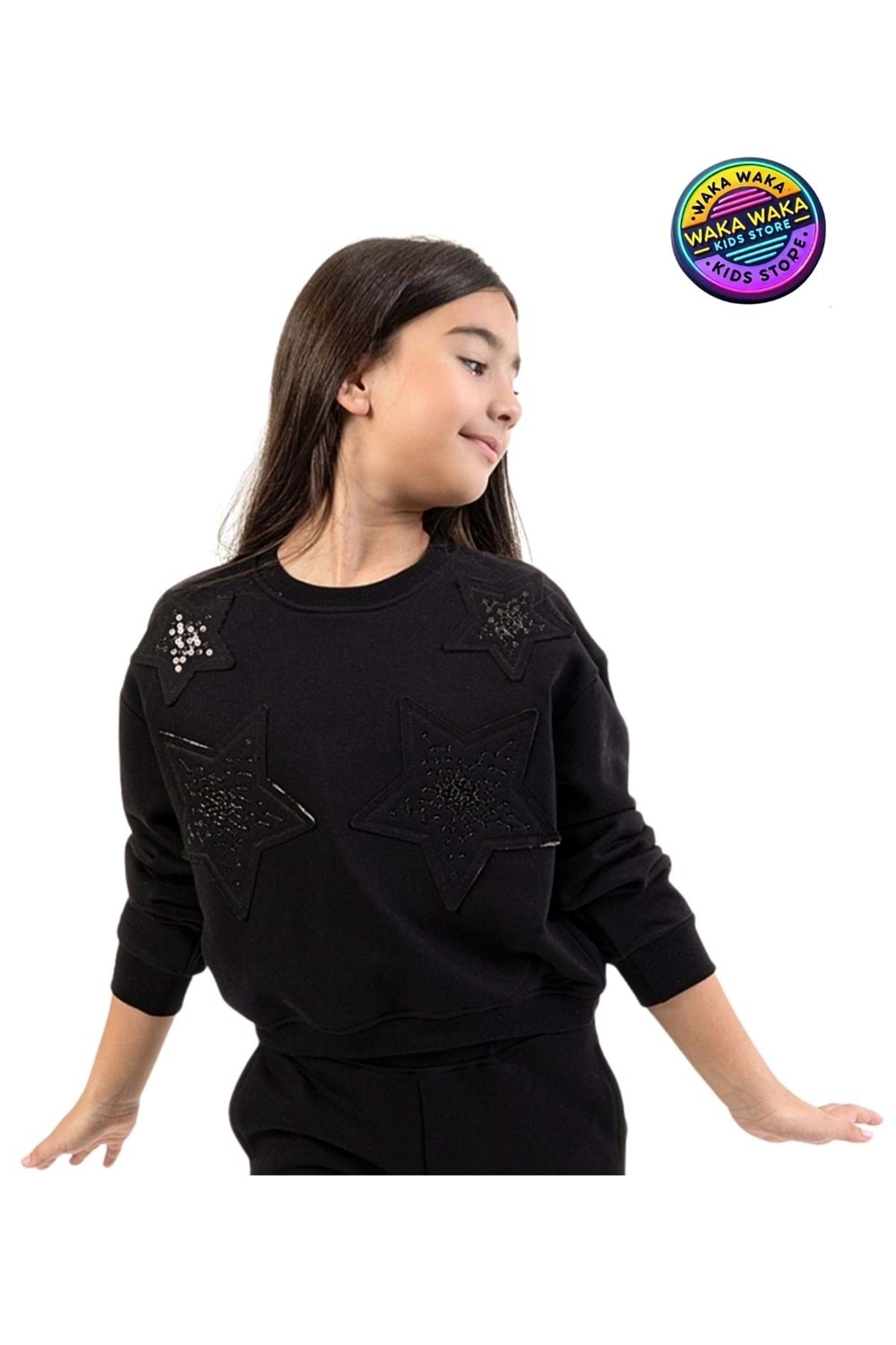 Siyah Yıldız Detaylı Kız Çocuk Sweatshirt