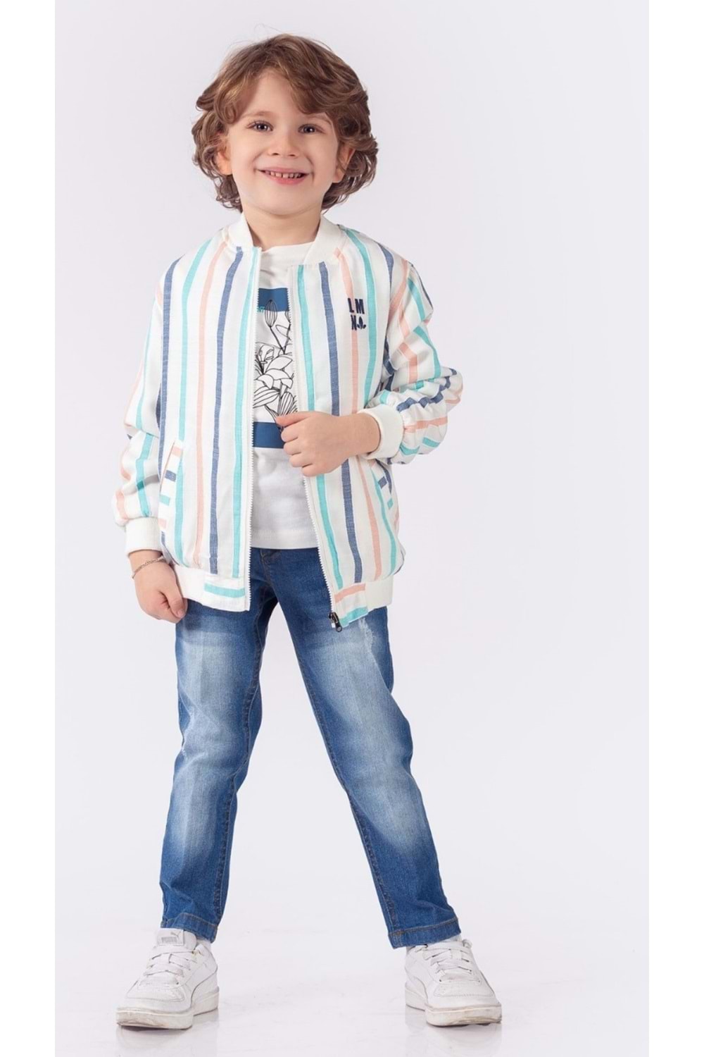 Çizgili Ceket Önü Baskılı T-Shirt Kot Pantolonlu 3lü Erkek Çocuk Takım