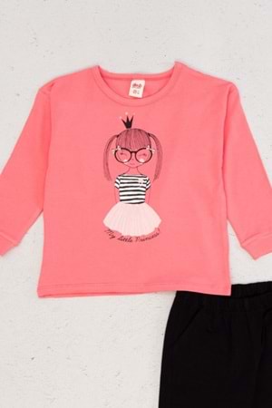 Kız Çocuk Önü Baskılı Paçaları Lastikli Pijama Takımı - Pembe - 6-7 YAŞ