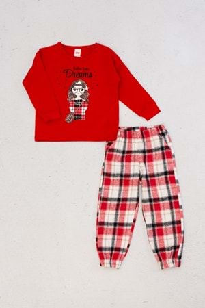 Kız Çocuk Önü Baskılı Ekose Desenli Pantolonlu Pijama Takımı - Kırmızı - 6-7 YAŞ