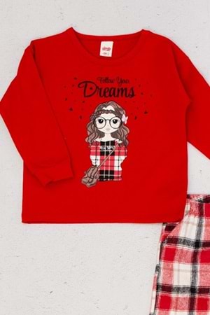 Kız Çocuk Önü Baskılı Ekose Desenli Pantolonlu Pijama Takımı - Kırmızı - 6-7 YAŞ