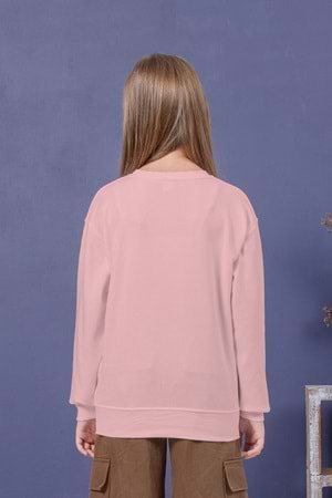 Önü Sargı Nakışlı Bisiklet Yaka Kız Çocuk Sweat - Pembe - 13-14 YAŞ