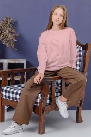Önü Sargı Nakışlı Bisiklet Yaka Kız Çocuk Sweat - Pembe - 13-14 YAŞ