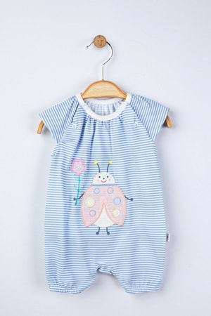 Uğur Böceği Aplikeli Ön Omuzdan Çıtçıtlı Kız Bebek Tulum- Mavi - 6-9 AY