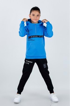 Kanguru Cepli Yarım Fermuarlı Önü Baskılı Kapüşonlu İçi Şardonlu Erkek Çocuk Eşofman Takımı